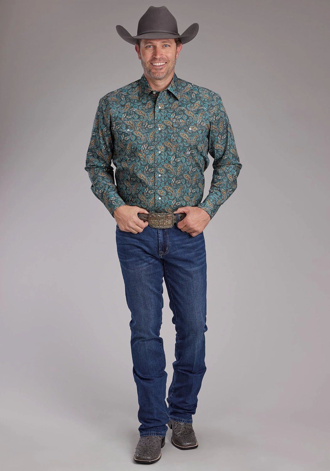 Customizable Design Roper Mens Dusk Paisley Blue/Brown 100% Cotton L/S Shirt
