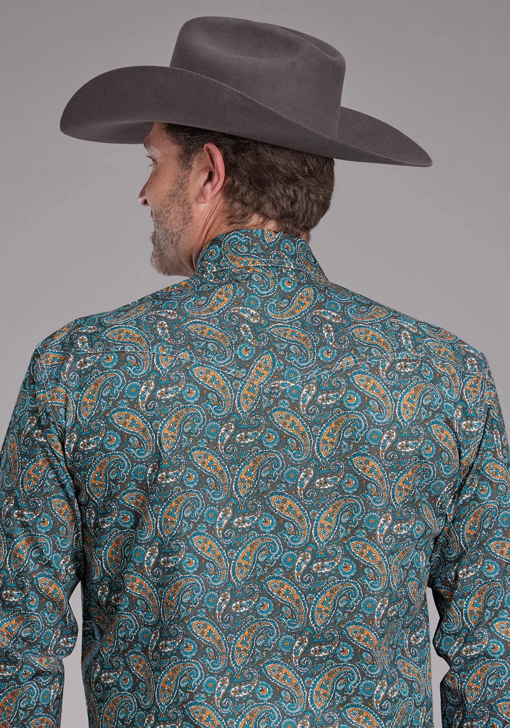 Roper Mens Dusk Paisley Blue/Brown 100% Cotton L/S Shirt Flexible Mobility