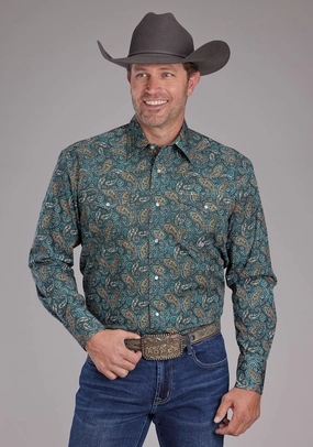 Quick-Dry Roper Mens Dusk Paisley Blue/Brown 100% Cotton L/S Shirt Classic Appeal Roper Mens Dusk Paisley Blue/Brown 100% Cotton L/S Shirt