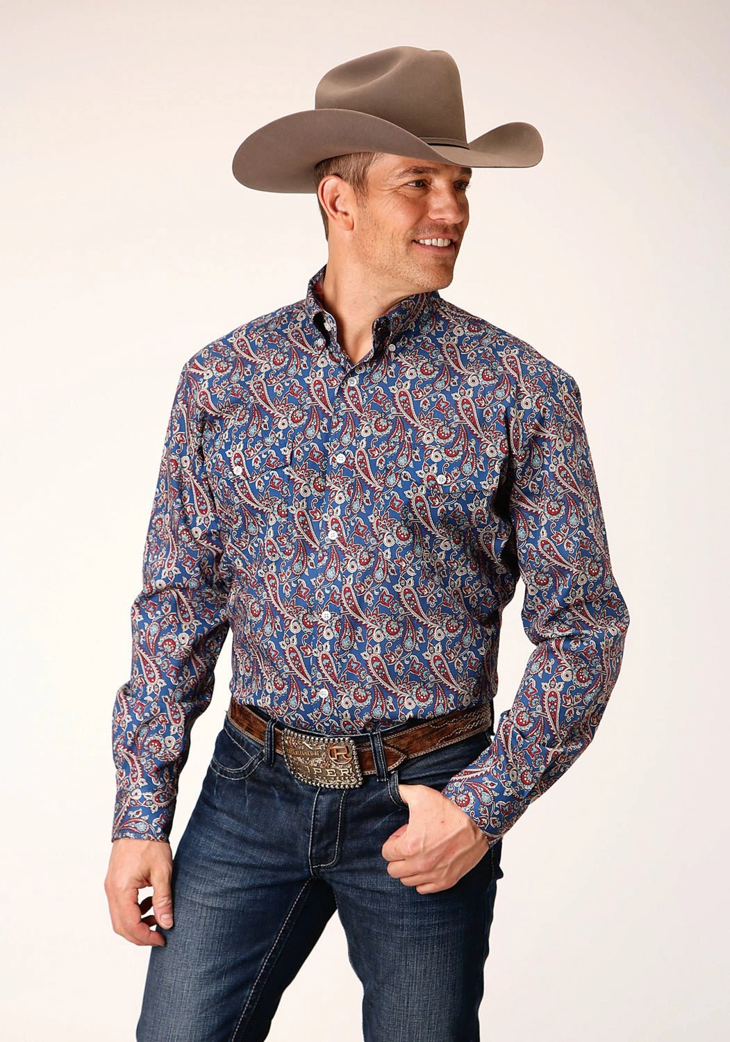 Flexible Material No Bulk Layering System Roper Mens Independence Foulard Blue 100% Cotton L/S Shirt