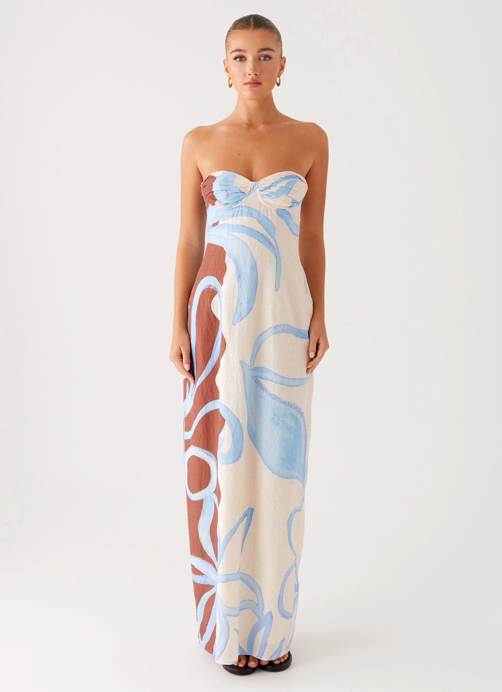 Raiden Maxi Dress - Bloom Wave Print Glossy-Finish Holiday-Party