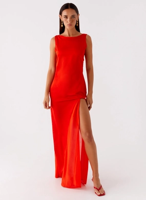 Ramiro Maxi Dress - Red Pearl Finish Ramiro Maxi Dress - Red Modern Movement Chic Statement