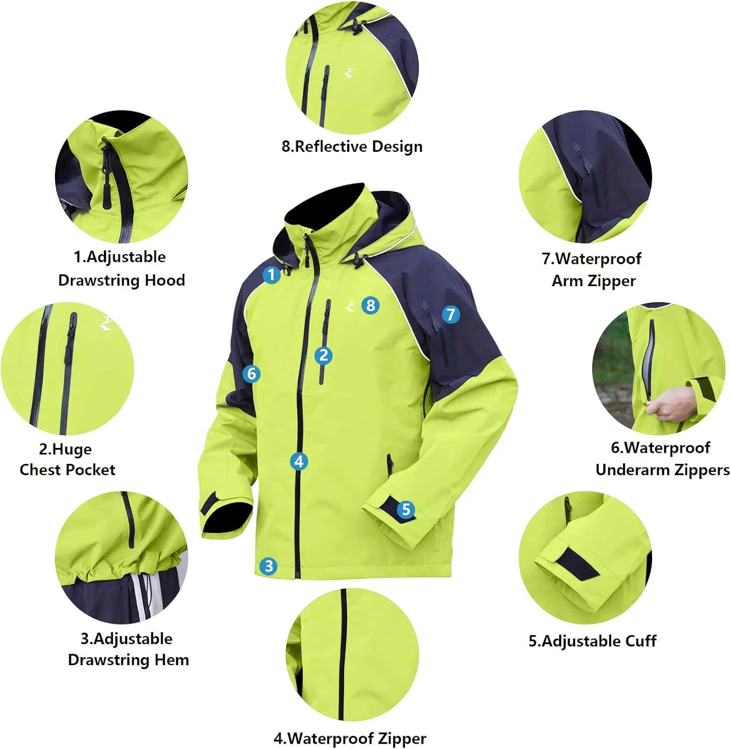 RANDY SUN Unisex Rain Jacket Mens Waterproof With Hood, Women's Raincoats, Reflective Lightweight Windbreaker