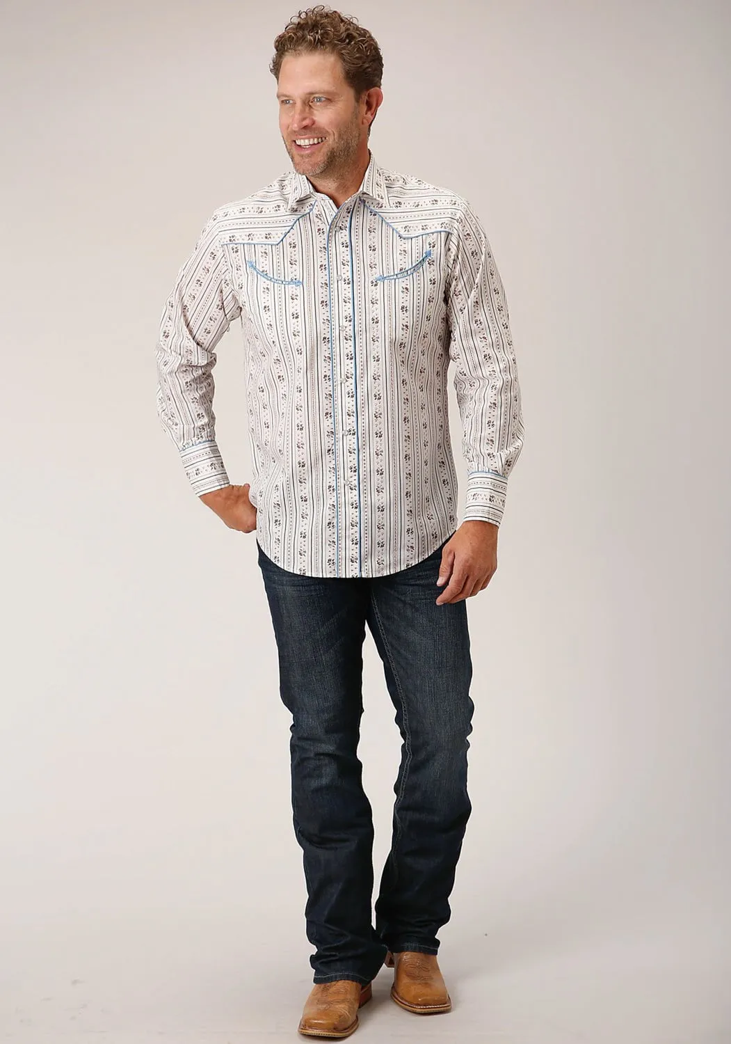 Roper Mens Wallpaper Stripe Fancy White Cotton Blend L/S Shirt Student Essential Rugged Style