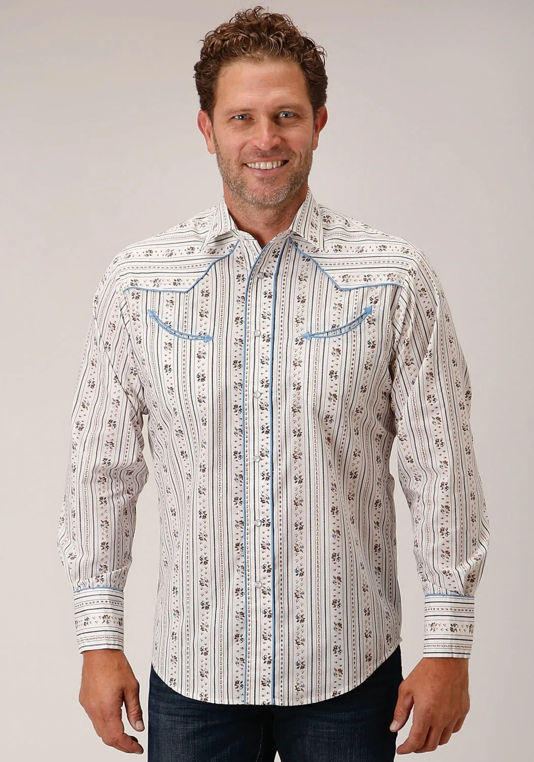 Date night Roper Mens Wallpaper Stripe Fancy White Cotton Blend L/S Shirt