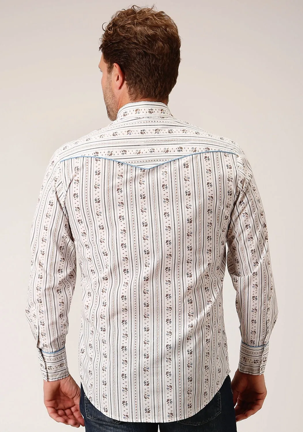 Roper Mens Wallpaper Stripe Fancy White Cotton Blend L/S Shirt Friends Meetup