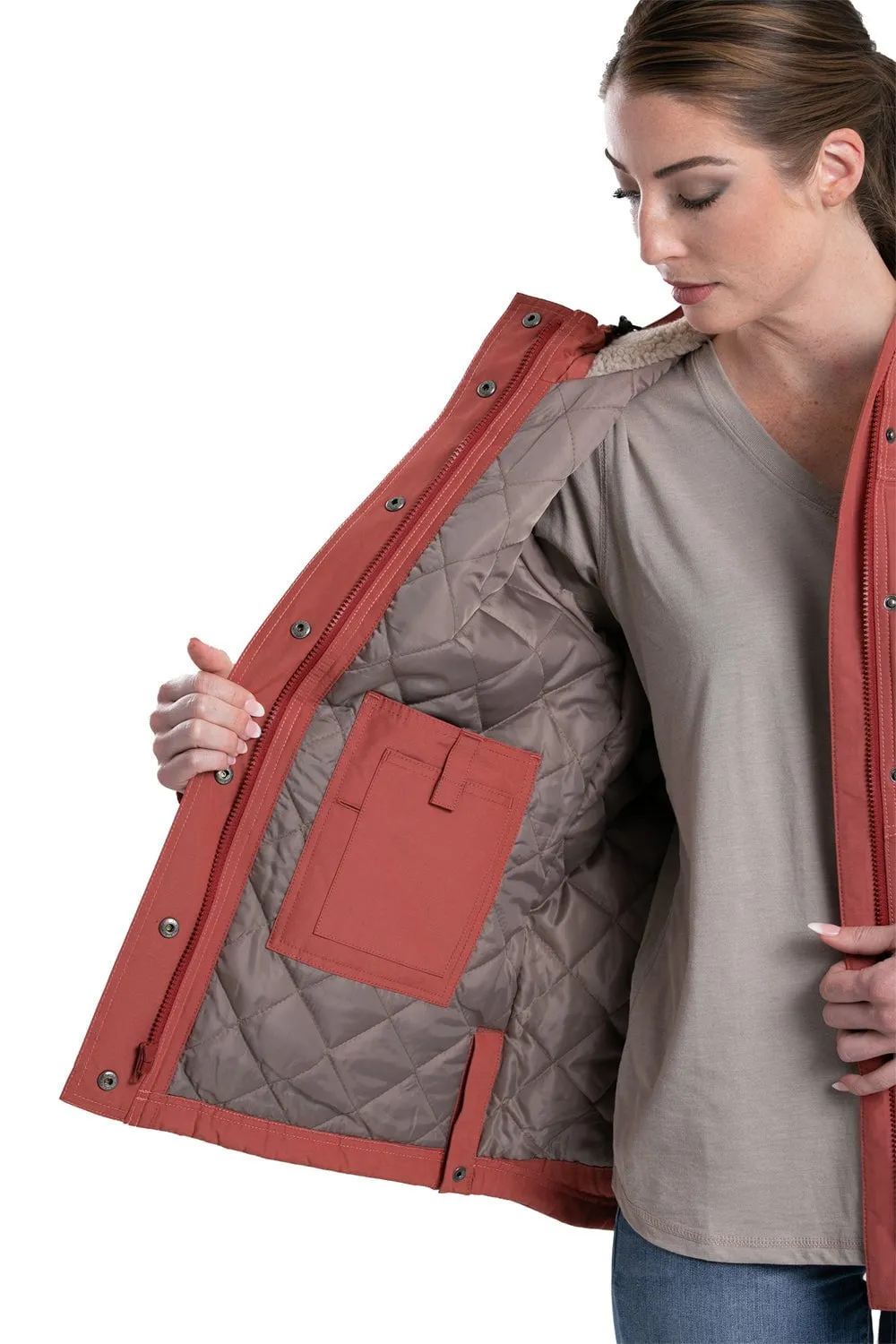 Berne Womens Softstone Micro-Duck Hooded Marsala Cotton Blend Coat Everyday Ready