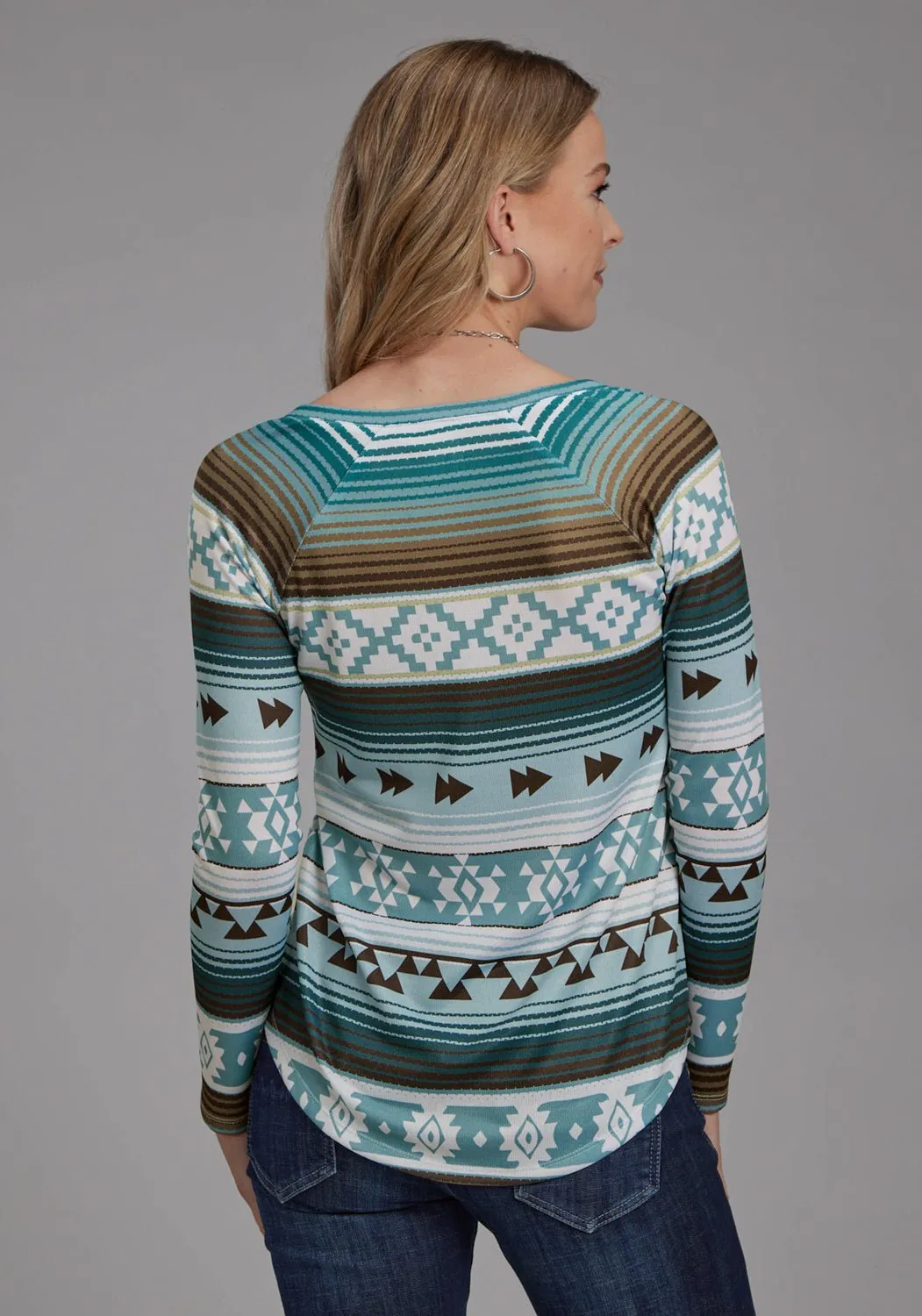 Roper Womens Aztec Sublimation Teal/Brown Polyester L/S Tunic Durable Buttons