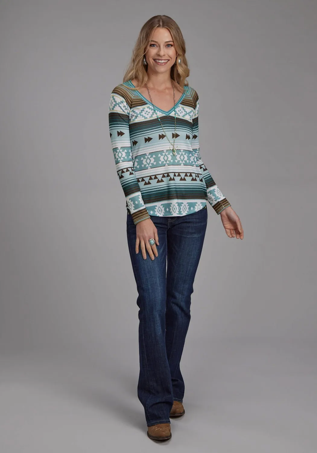 Cocktail Event Smart Casual Roper Womens Aztec Sublimation Teal/Brown Polyester L/S Tunic