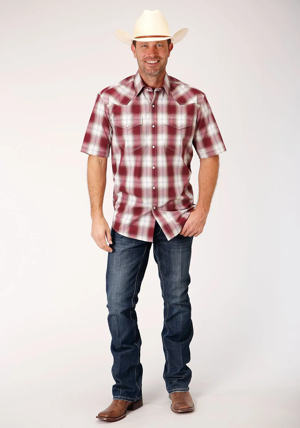Roper Mens Red 100% Cotton Ombre S/S Tall Snap Shirt Weekend Adventure Geometric Print