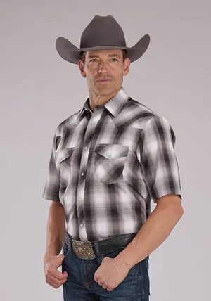 Recycled Polyester Roper Mens 2486 Western Plaid Grey/White Cotton Blend S/S Shirt Tailored Silhouette Roper Mens 2486 Western Plaid Grey/White Cotton Blend S/S Shirt