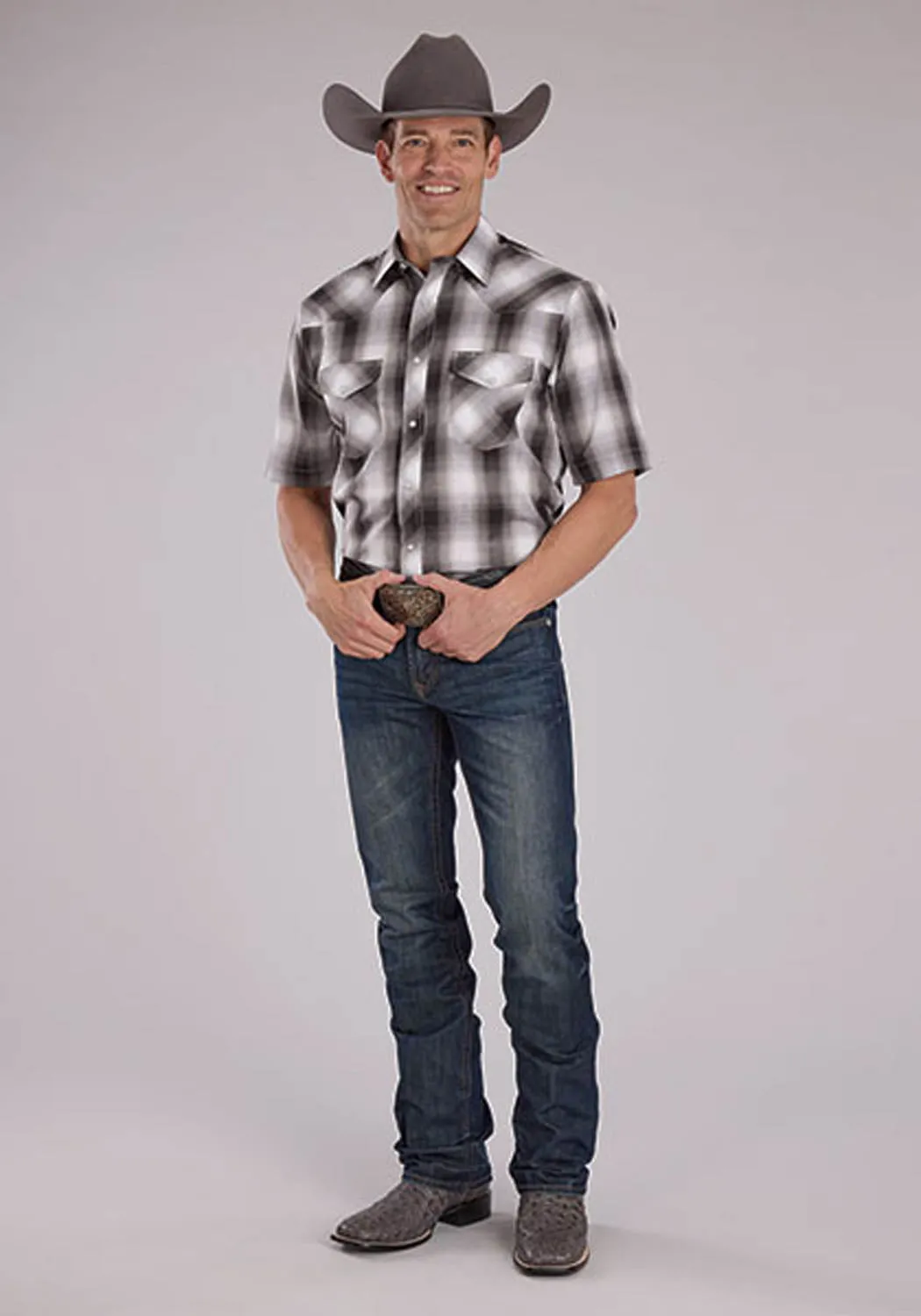 Roper Mens 2486 Western Plaid Grey/White Cotton Blend S/S Shirt Low Maintenance Smooth Cotton Blend