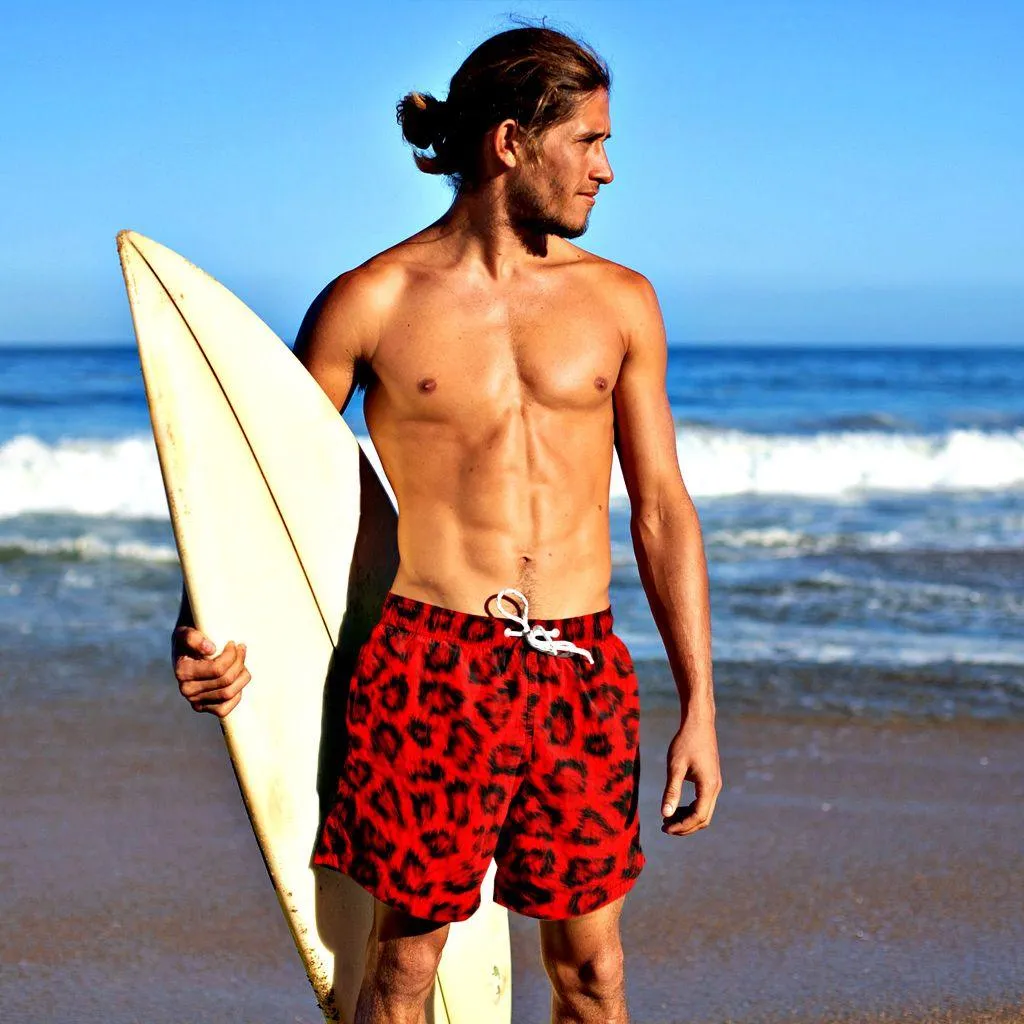 Red Leopard Print Mid Thigh Cut Swim Trunks