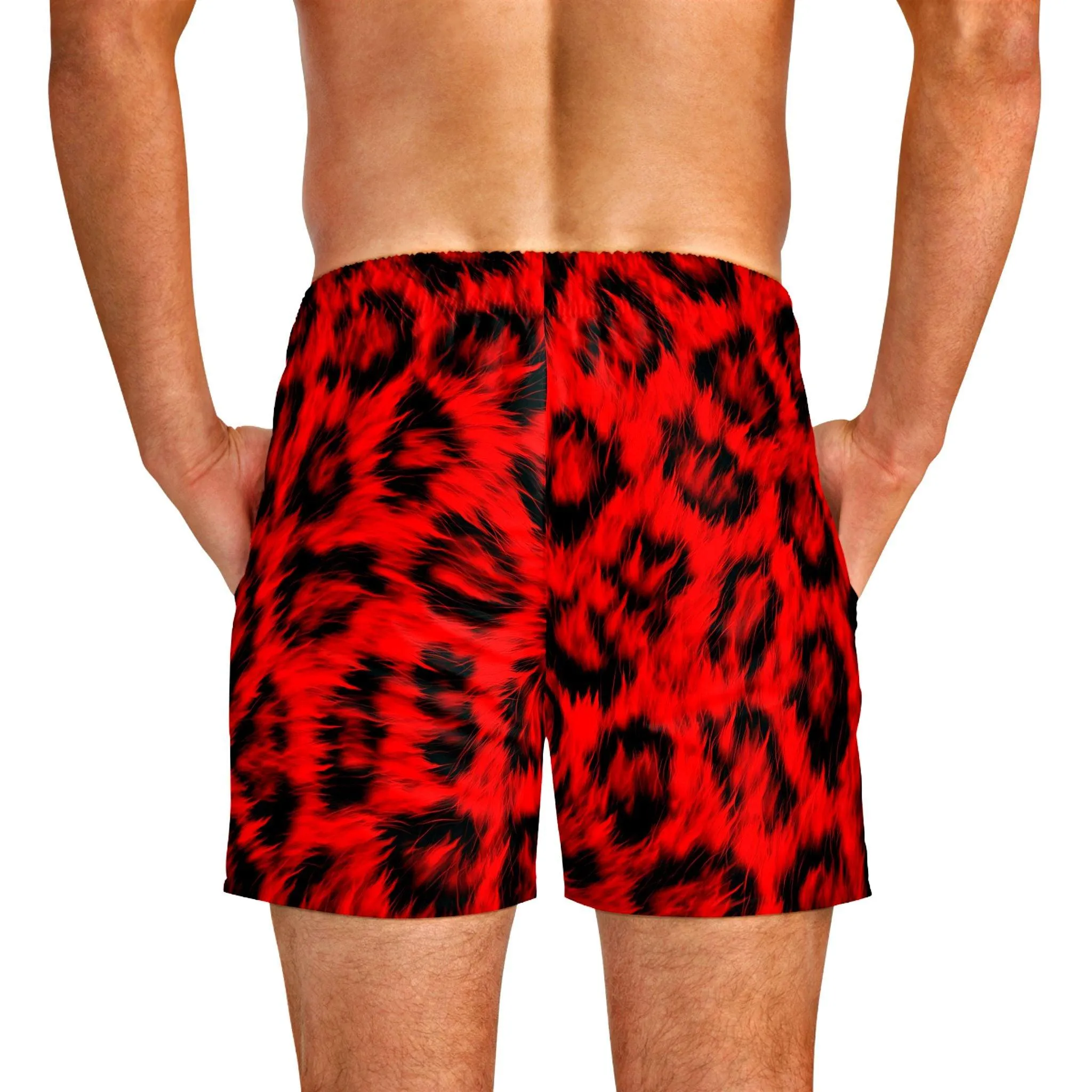 Red Leopard Print Mid Thigh Cut Swim Trunks