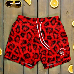 Red Leopard Print Mid Thigh Cut Swim Trunks