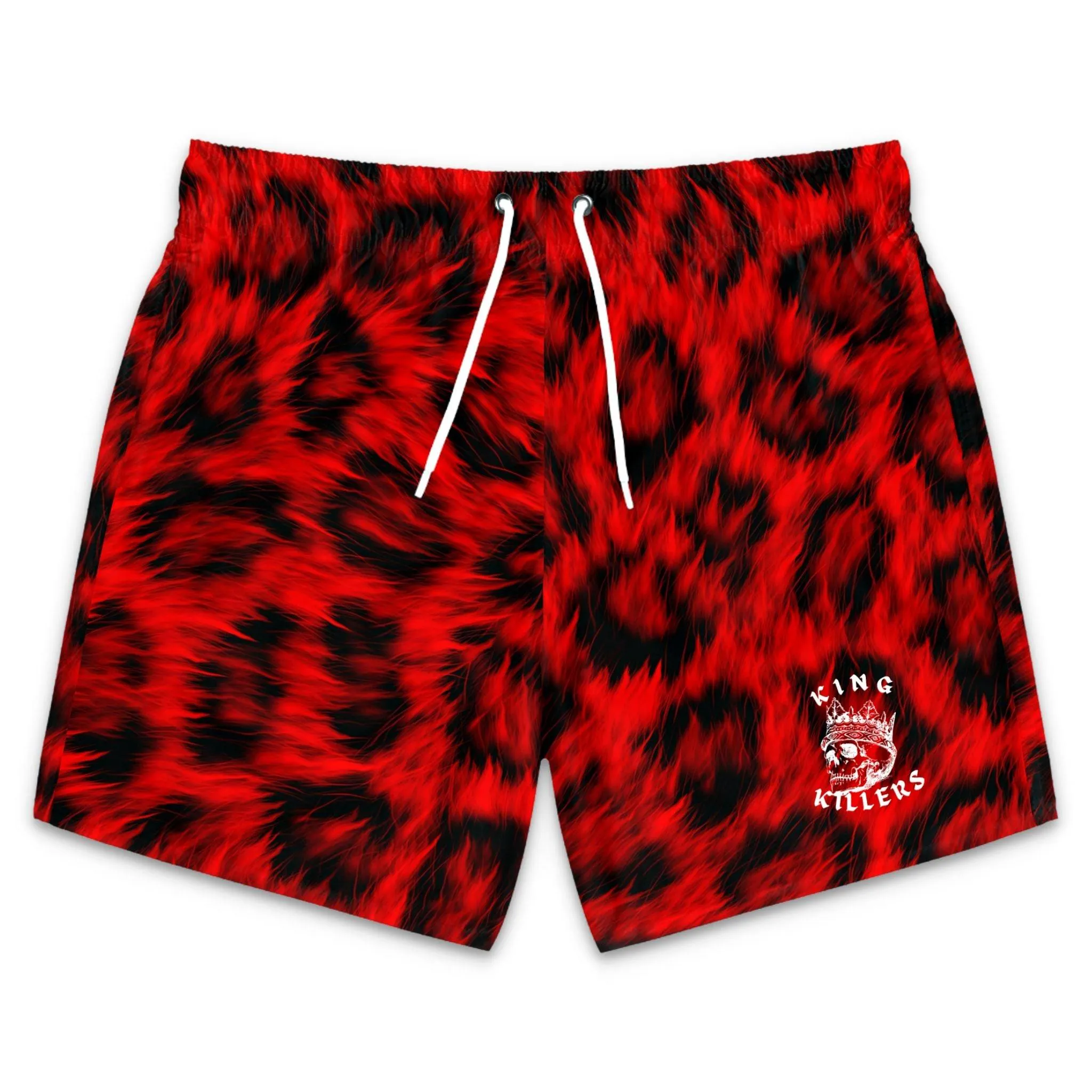 Red Leopard Print Mid Thigh Cut Swim Trunks