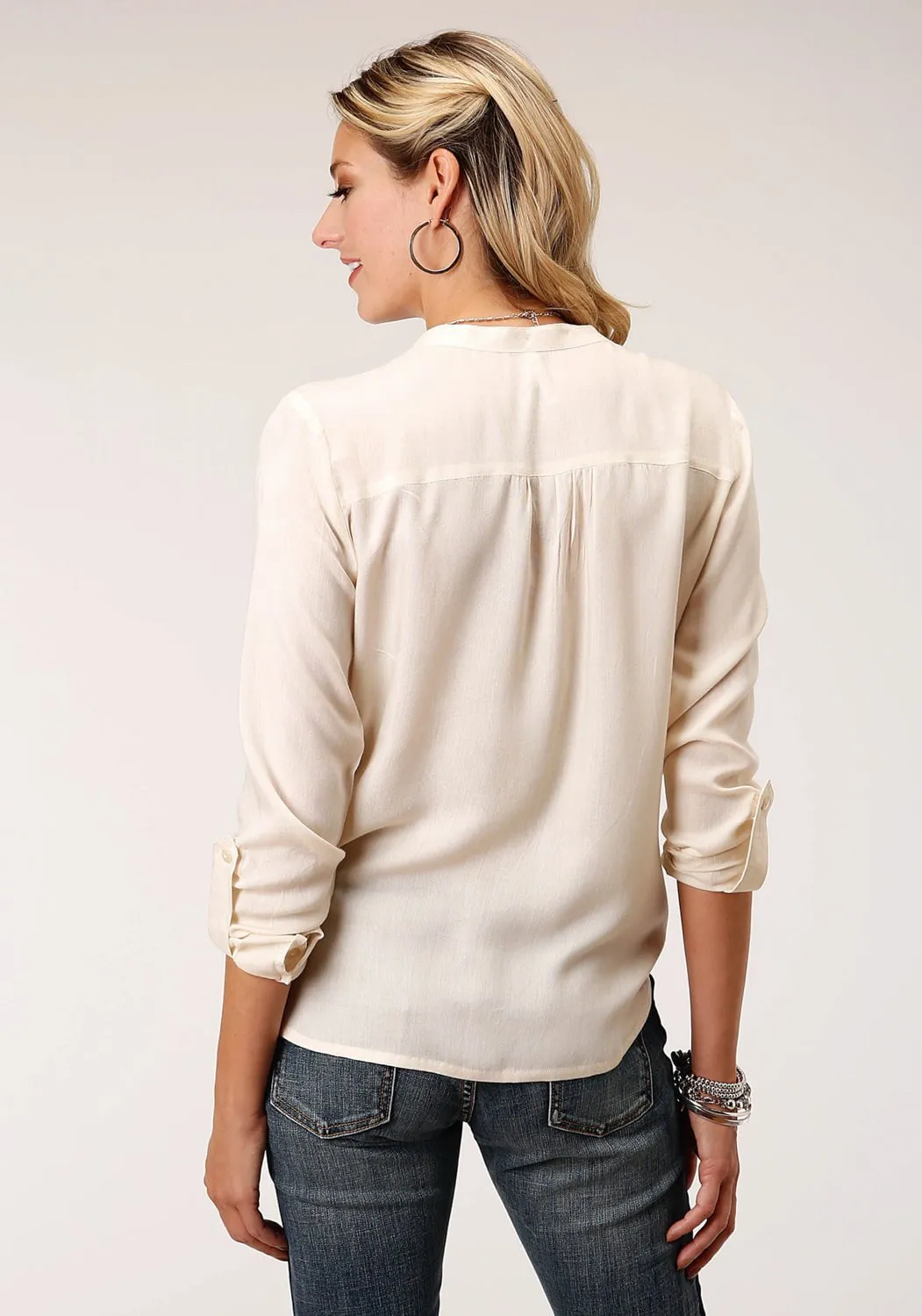 Roper Womens Cream Rayon/Nylon Red Floral L/S Blouse Blended Style Natural Style