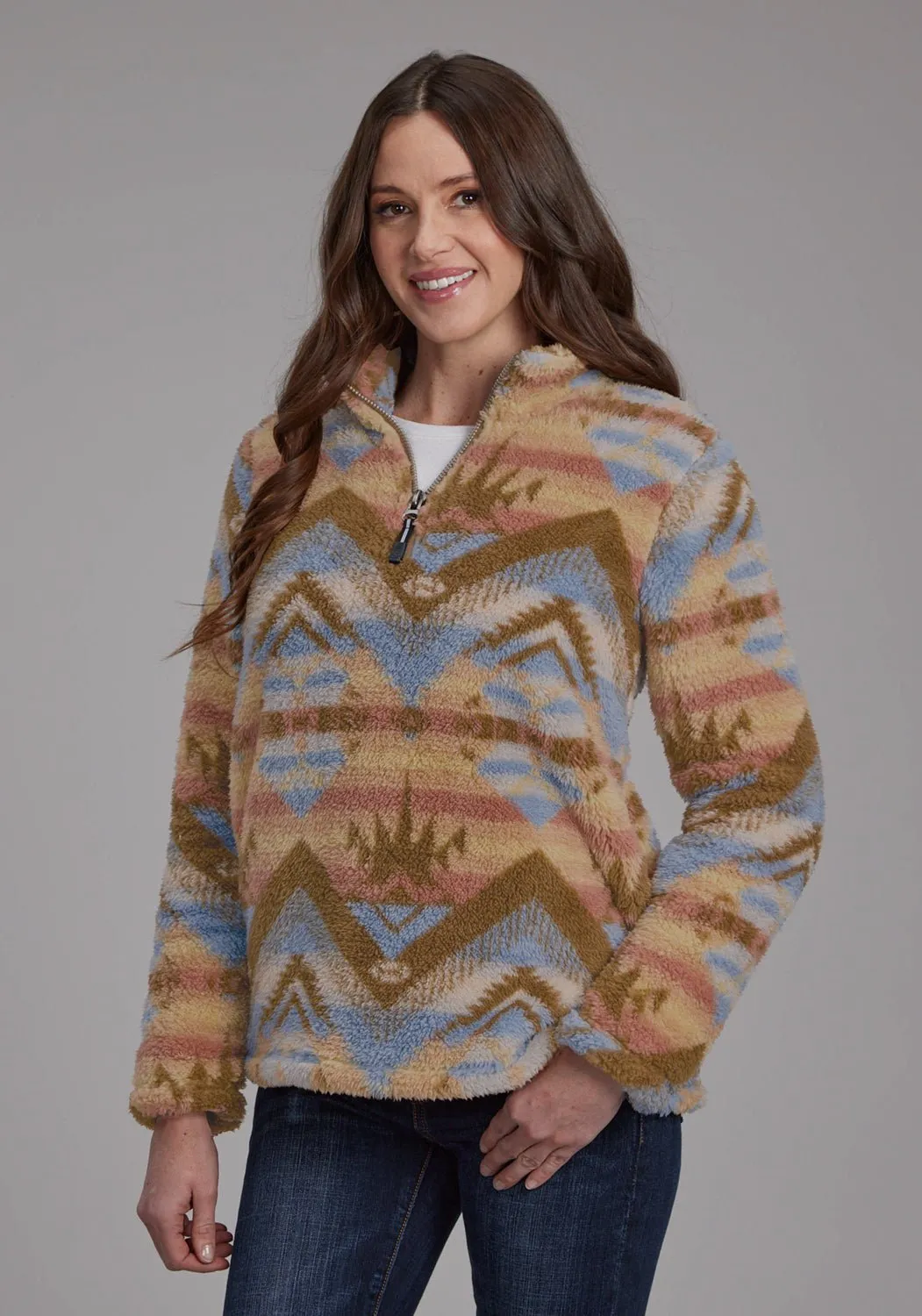 Casual Friday Versatile Roper Womens Fuzzy Aztec Brown/Blue 100% Polyester Fleece Jacket