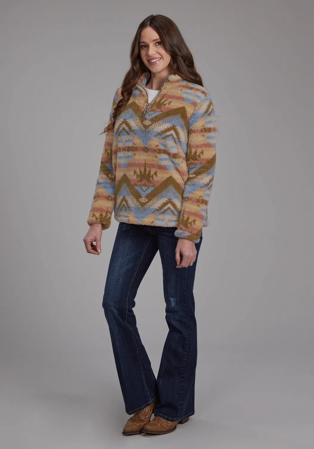 Roper Womens Fuzzy Aztec Brown/Blue 100% Polyester Fleece Jacket Softened Fabric Daily Wear Breathable Classic