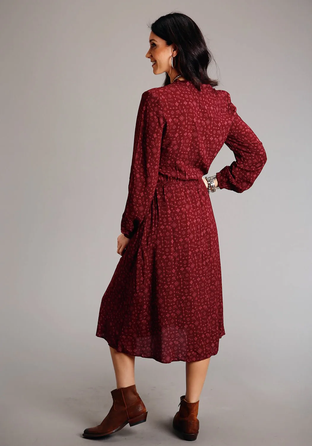 Travel Outfit Evening Stroll Minimalist Eco Friendly Fashion Lover Morning Stroll Stetson Womens Ditzy Western Wine 100% Rayon L/S Dress