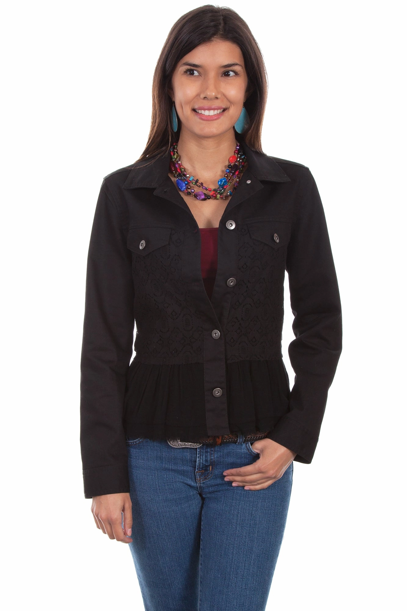 Cool Outfit Scully Womens Black Cotton Blend Lace Inset Denim Jacket