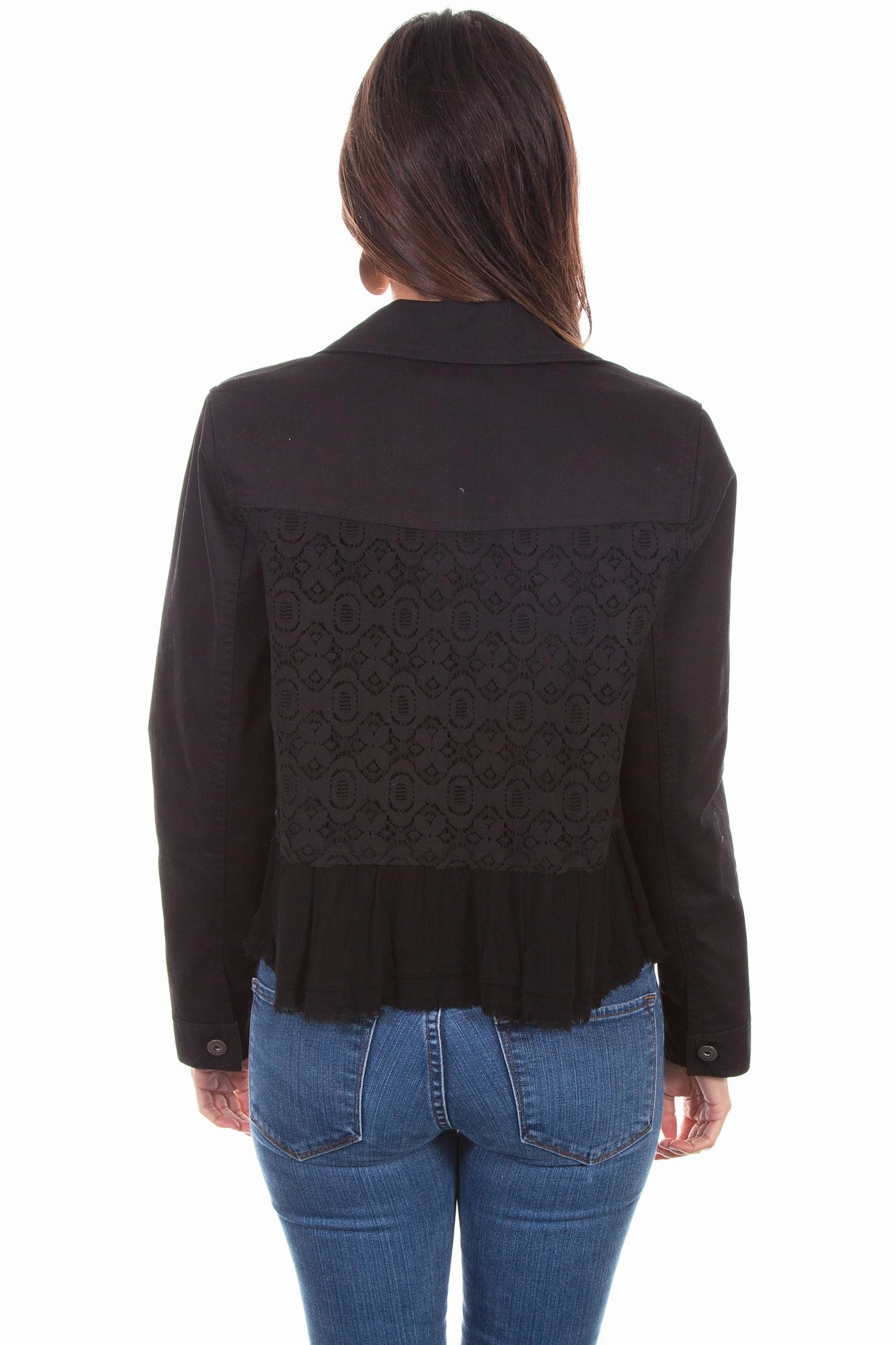 Casual Design Timeless Choice Scully Womens Black Cotton Blend Lace Inset Denim Jacket