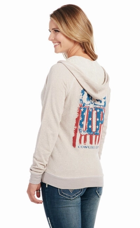 Refined Vision Cowgirl Up Womens Patriotic Zip Up Oatmeal Cotton Blend Hoodie Minimal Shrinkage Fabric Neutral Fit Piece Cowgirl Up Womens Patriotic Zip Up Oatmeal Cotton Blend Hoodie