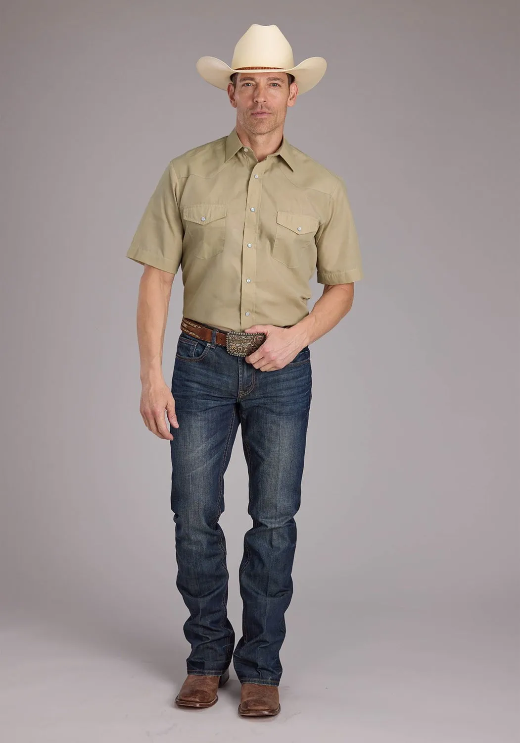 Roper Mens 2445 Broadcloth Tan Cotton Blend S/S Shirt Unisex Design