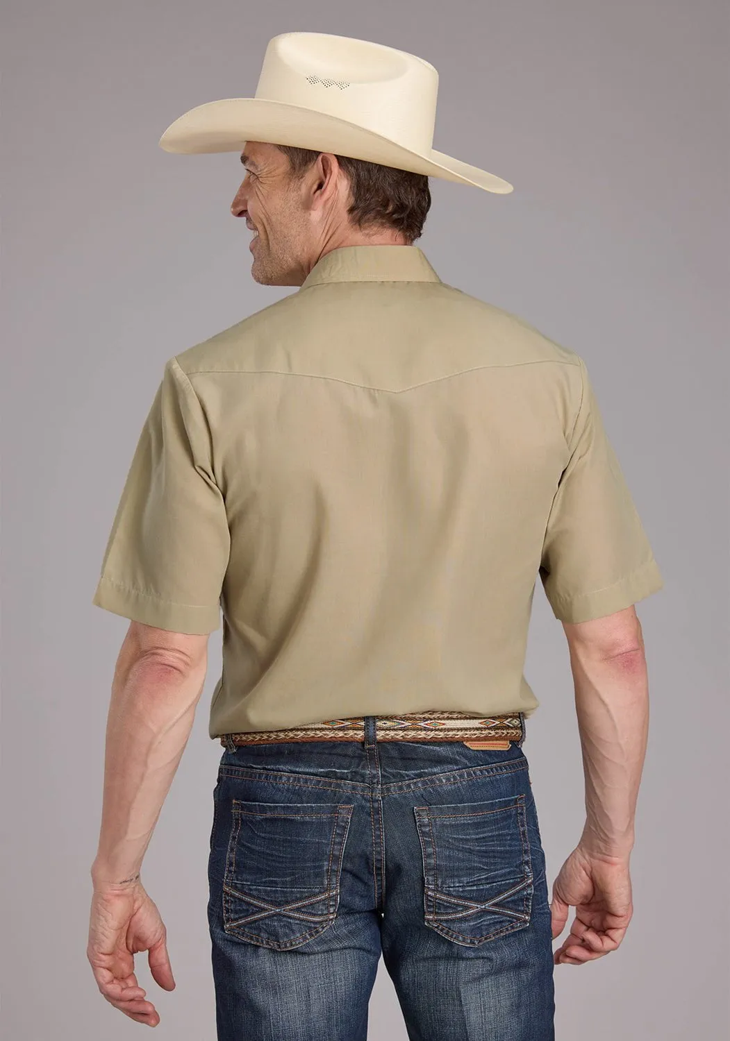 Roper Mens 2445 Broadcloth Tan Cotton Blend S/S Shirt Streetwear Breathable Fit