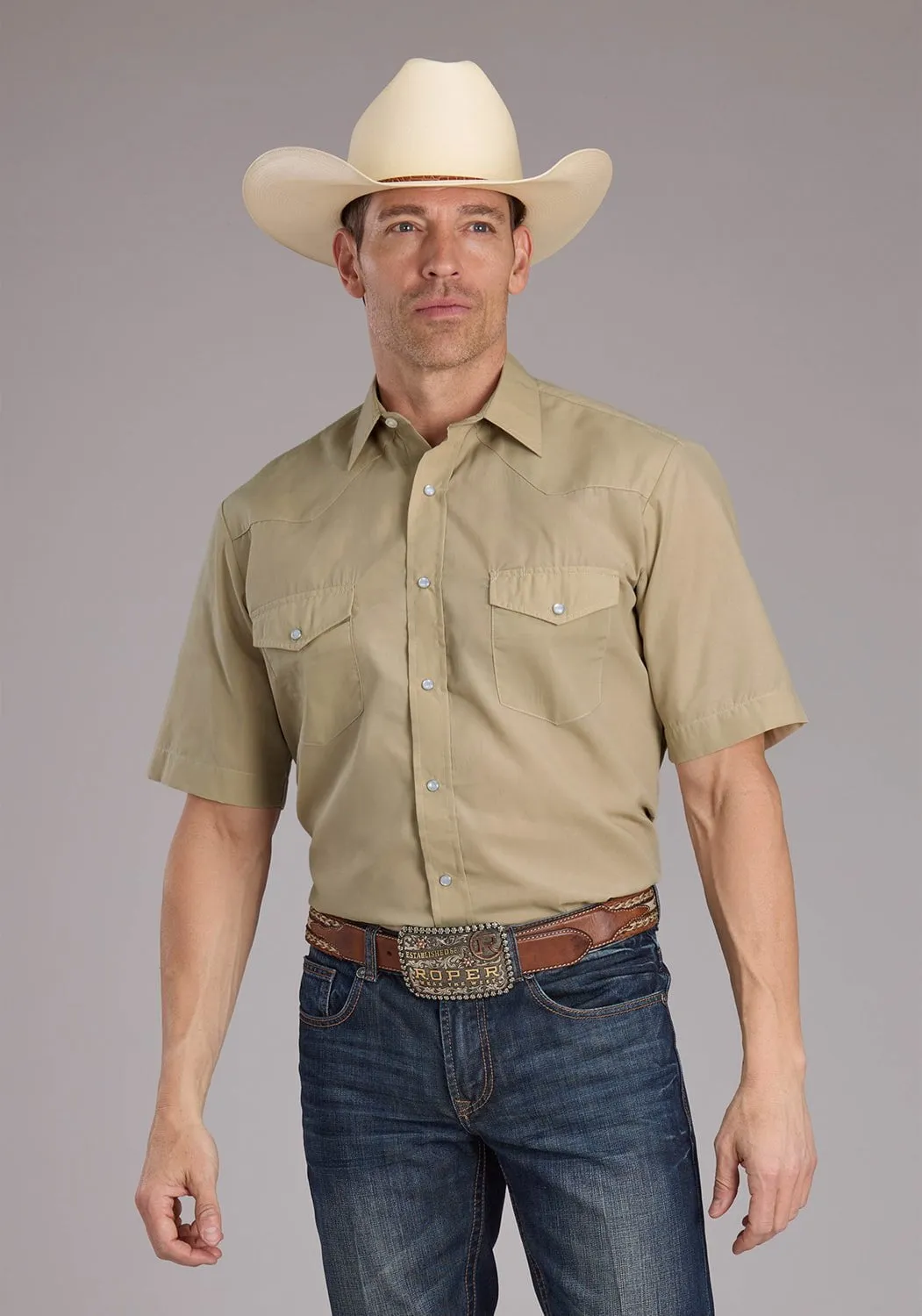 Roper Mens 2445 Broadcloth Tan Cotton Blend S/S Shirt Corporate Wear