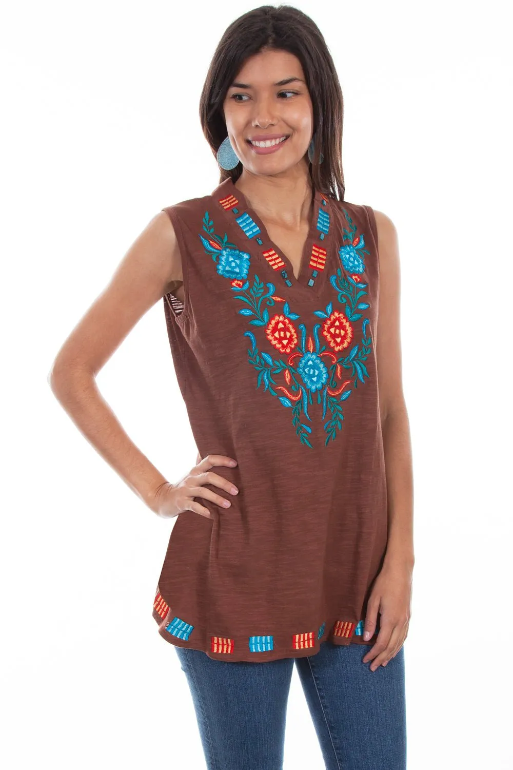 All Around Fit Plain Favorite Scully Womens Stylized Floral Flare Brown 100% Cotton S/L Tank Top