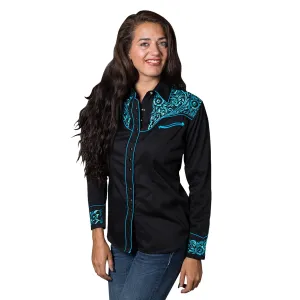 Reinforced Buttons Rockmount Womens Black/Turquoise 100% Cotton Vintage Tooling L/S Shirt Tall Option Rockmount Womens Black/Turquoise 100% Cotton Vintage Tooling L/S Shirt