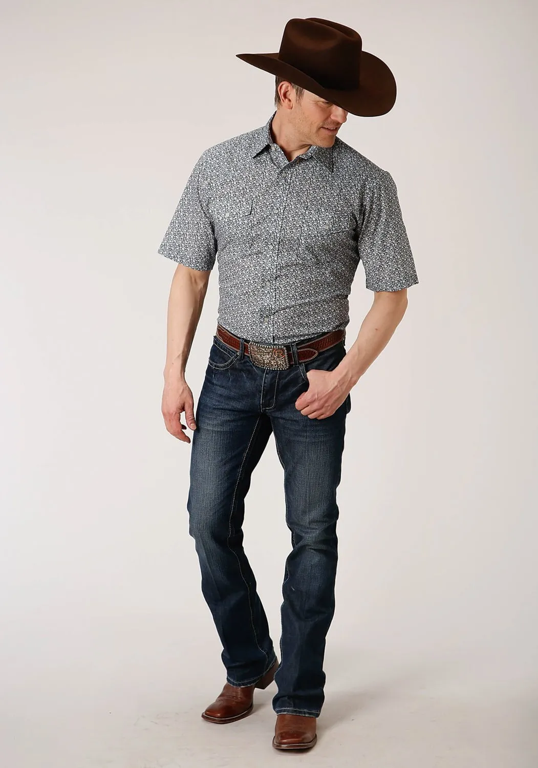 Roper Mens Navy/Cream Cotton Blend Floral S/S Shirt Eco Friendly Dye