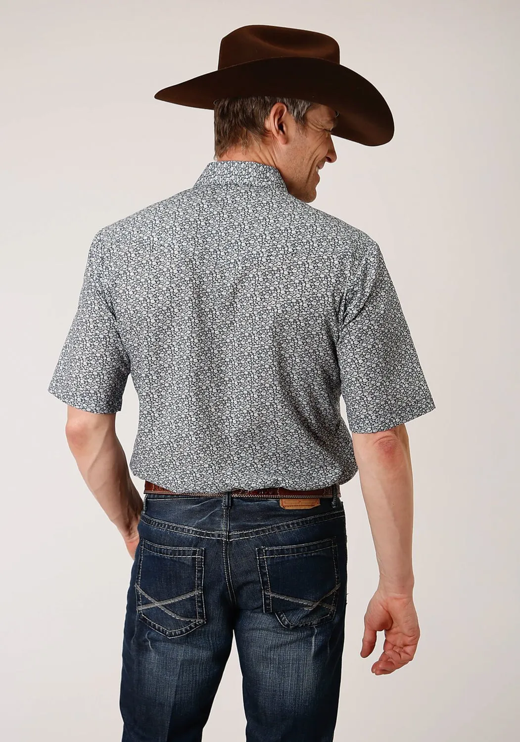 Geometric Print Roper Mens Navy/Cream Cotton Blend Floral S/S Shirt