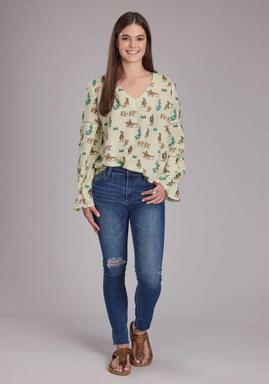 Current Style Roper Womens 2424 Printed Ropers White 100% Rayon L/S Blouse