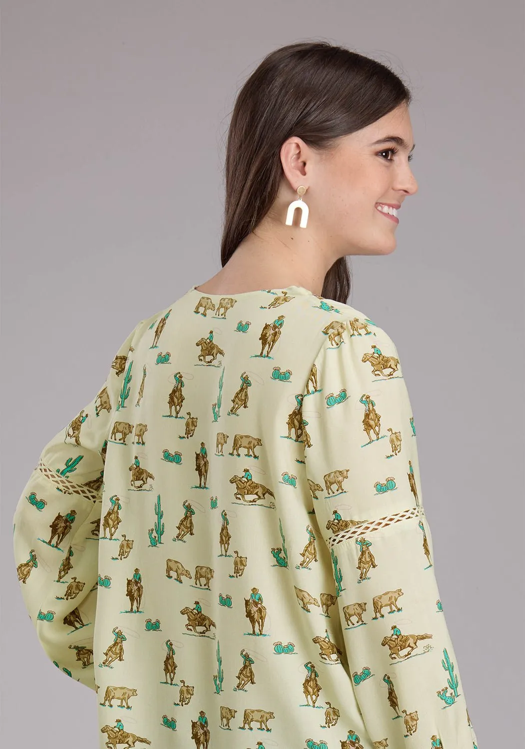Roper Womens 2424 Printed Ropers White 100% Rayon L/S Blouse Mesh Insert