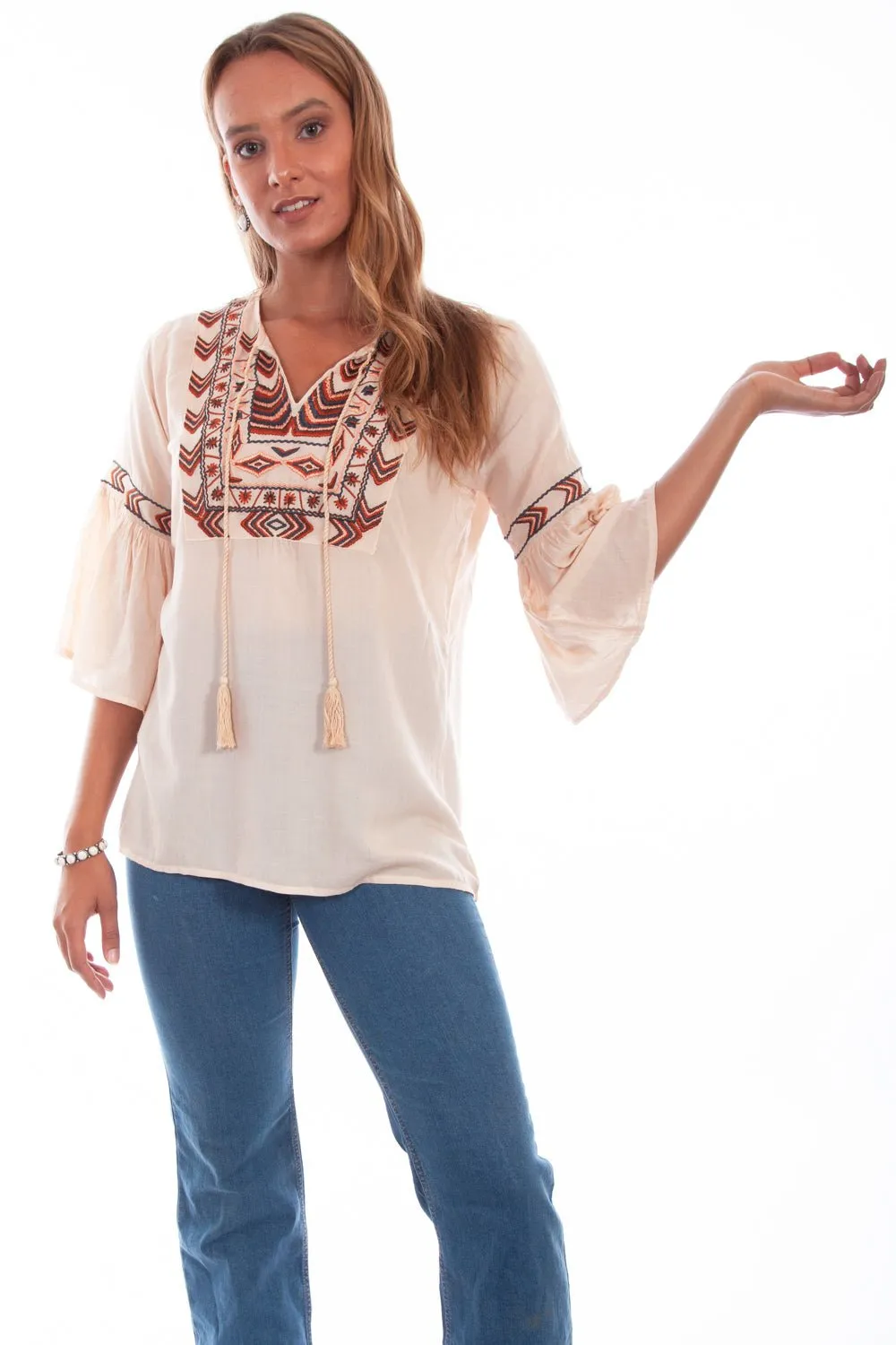 Scully Womens Nude Viscose Tie Front S/S Blouse Stretchable Fabric Weekend Casual
