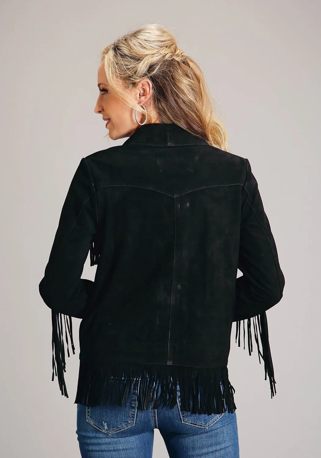 Stetson Womens Black Leather Lamb Fringe Jacket Modern Cut