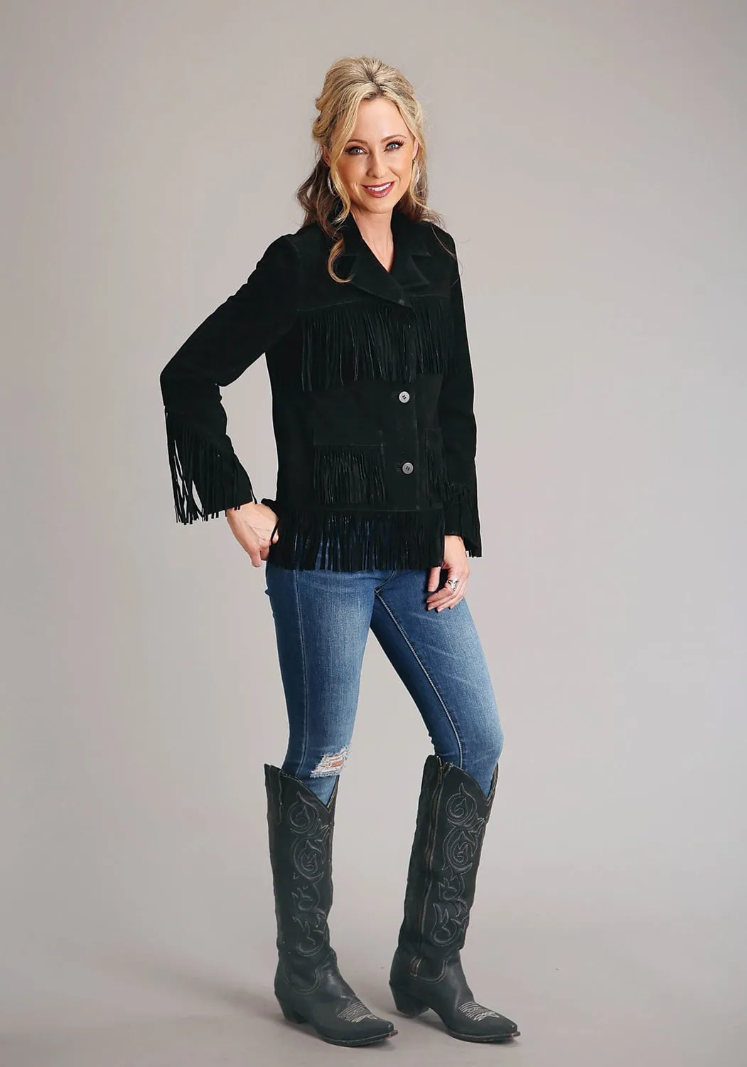 Stetson Womens Black Leather Lamb Fringe Jacket No Fuss Fit Comfort Wear