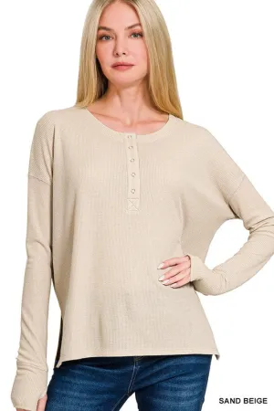 Reinforced Seams Wendy Waffle Thumb Hole Cuffs Henley Tee Wendy Waffle Thumb Hole Cuffs Henley Tee Minimalist fashion