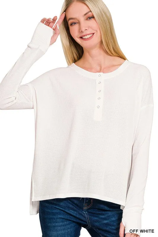 Wendy Waffle Thumb Hole Cuffs Henley Tee Casual Wear