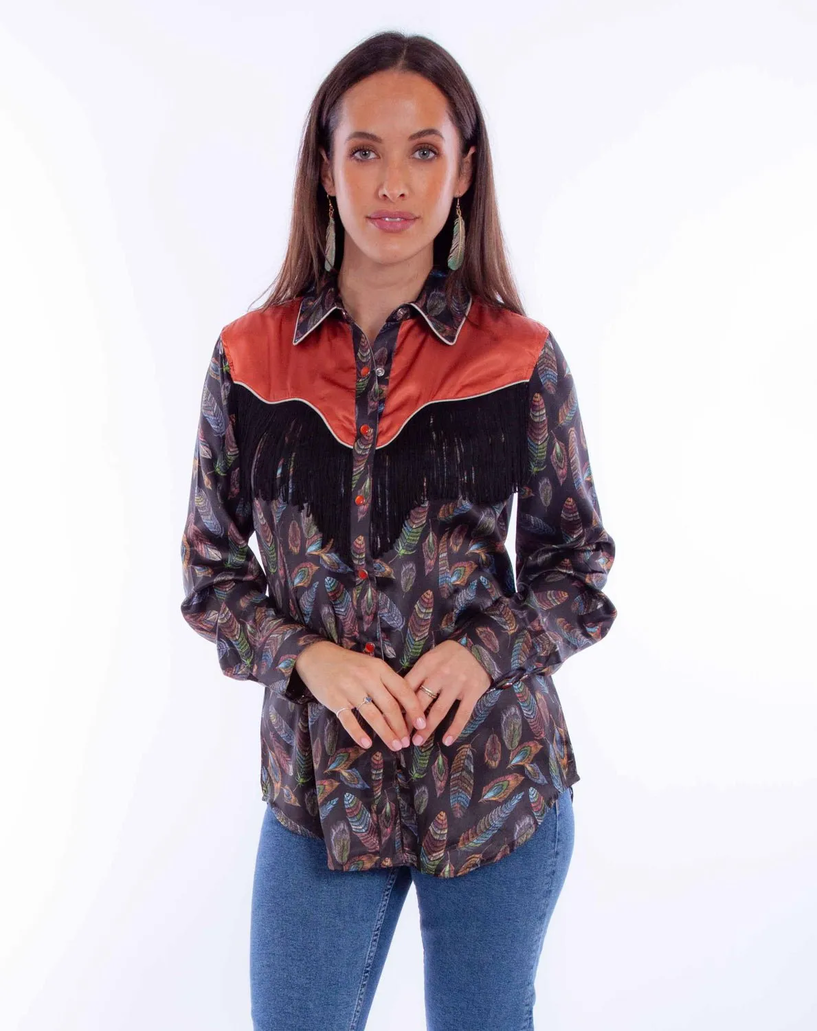 Streamlined Design Scully Womens Feather Fringe Black 100% Polyester L/S Blouse