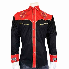 Reinforced Hems Rockmount Mens 2-Tone Atomic Cowboy Black/Red 100% Cotton L/S Shirt Rockmount Mens 2-Tone Atomic Cowboy Black/Red 100% Cotton L/S Shirt Contrast Stitch
