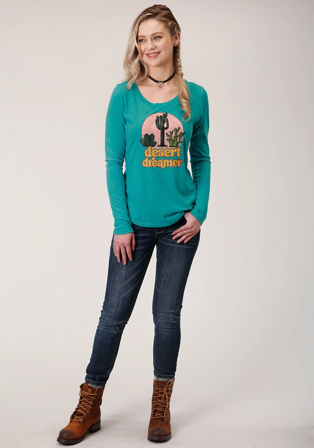 Roper Womens Turquoise Poly/Rayon Desert Dreamer L/S T-Shirt Breathable Feel Sleek Look