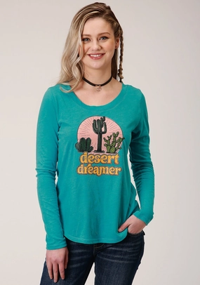 Reinforced Stitching Roper Womens Turquoise Poly/Rayon Desert Dreamer L/S T-Shirt Modern Design Roper Womens Turquoise Poly/Rayon Desert Dreamer L/S T-Shirt
