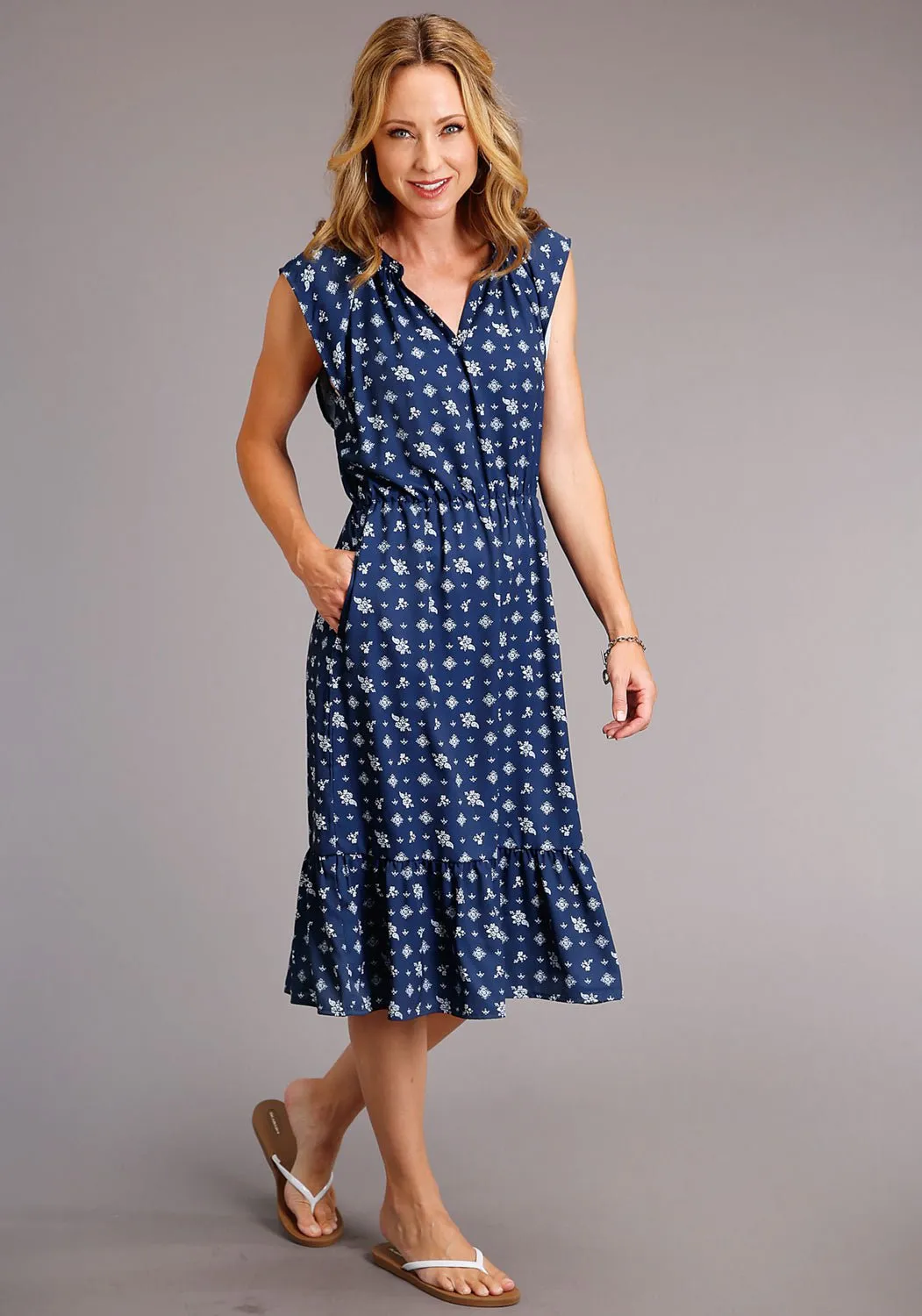 Affordable Beach Day Stetson Womens Blue Rayon/Nylon Vintage Ditzy S/L Dress