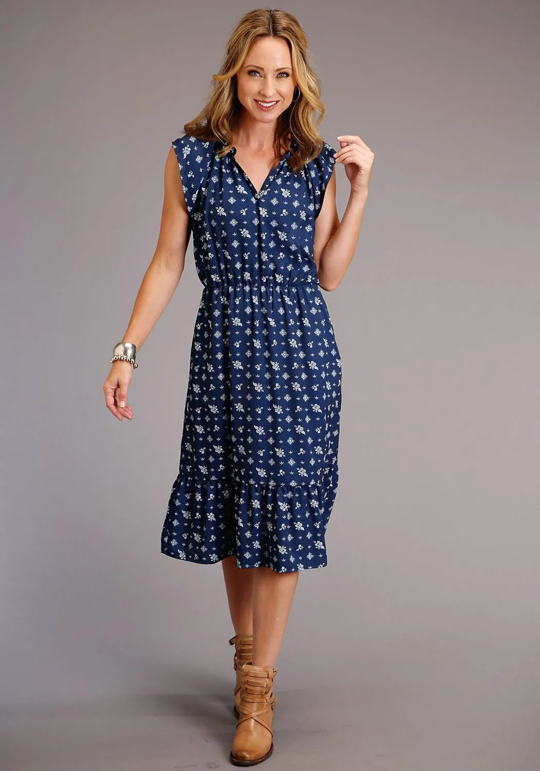 Stetson Womens Blue Rayon/Nylon Vintage Ditzy S/L Dress Active Lifestyle Four Way Stretch Fabric
