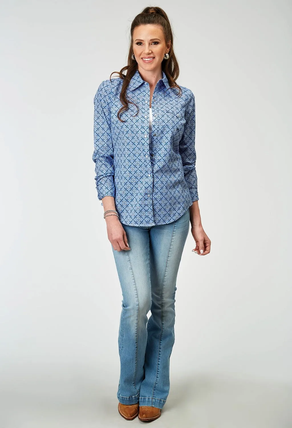 Roper Womens 1932 Skies Tie Blue 100% Cotton L/S Shirt Breathable Layer Smooth Finish