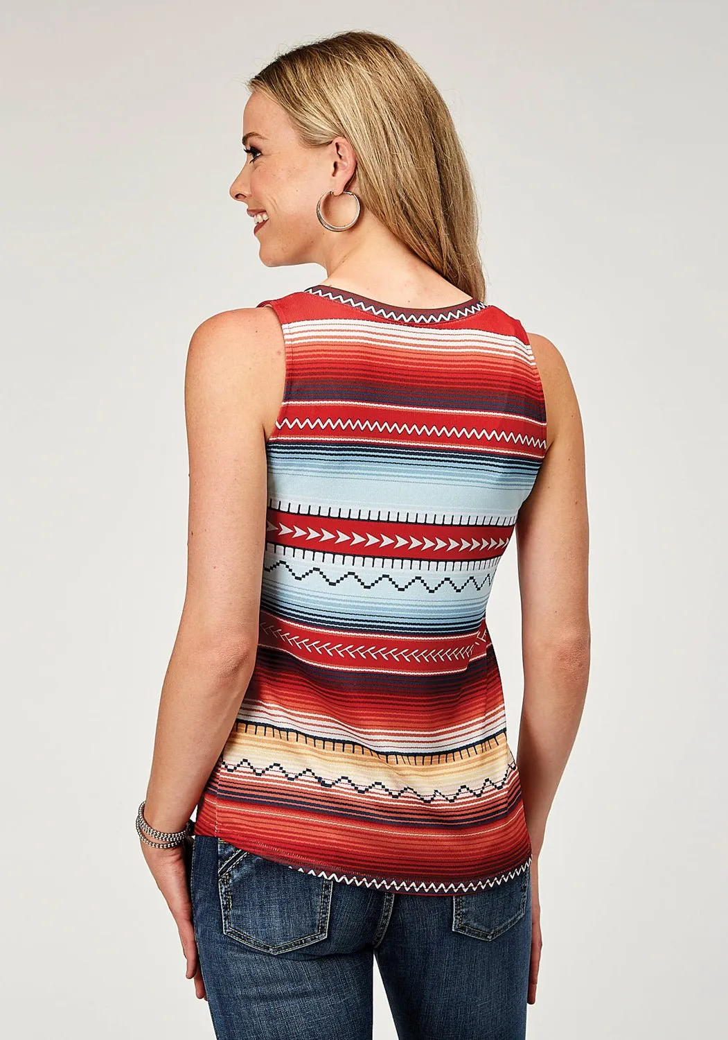 Roper Womens Festive V-Neck Multi-Color Poly/Spandex S/L Tank Top Flexible Shoulder Panels