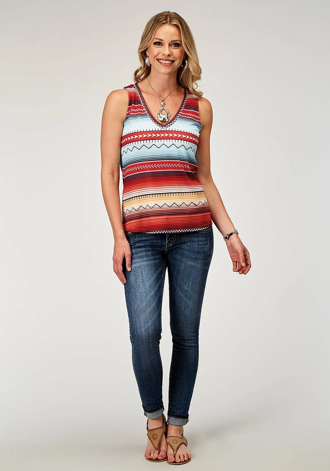 Roper Womens Festive V-Neck Multi-Color Poly/Spandex S/L Tank Top Sophisticated Style Non-irritating
